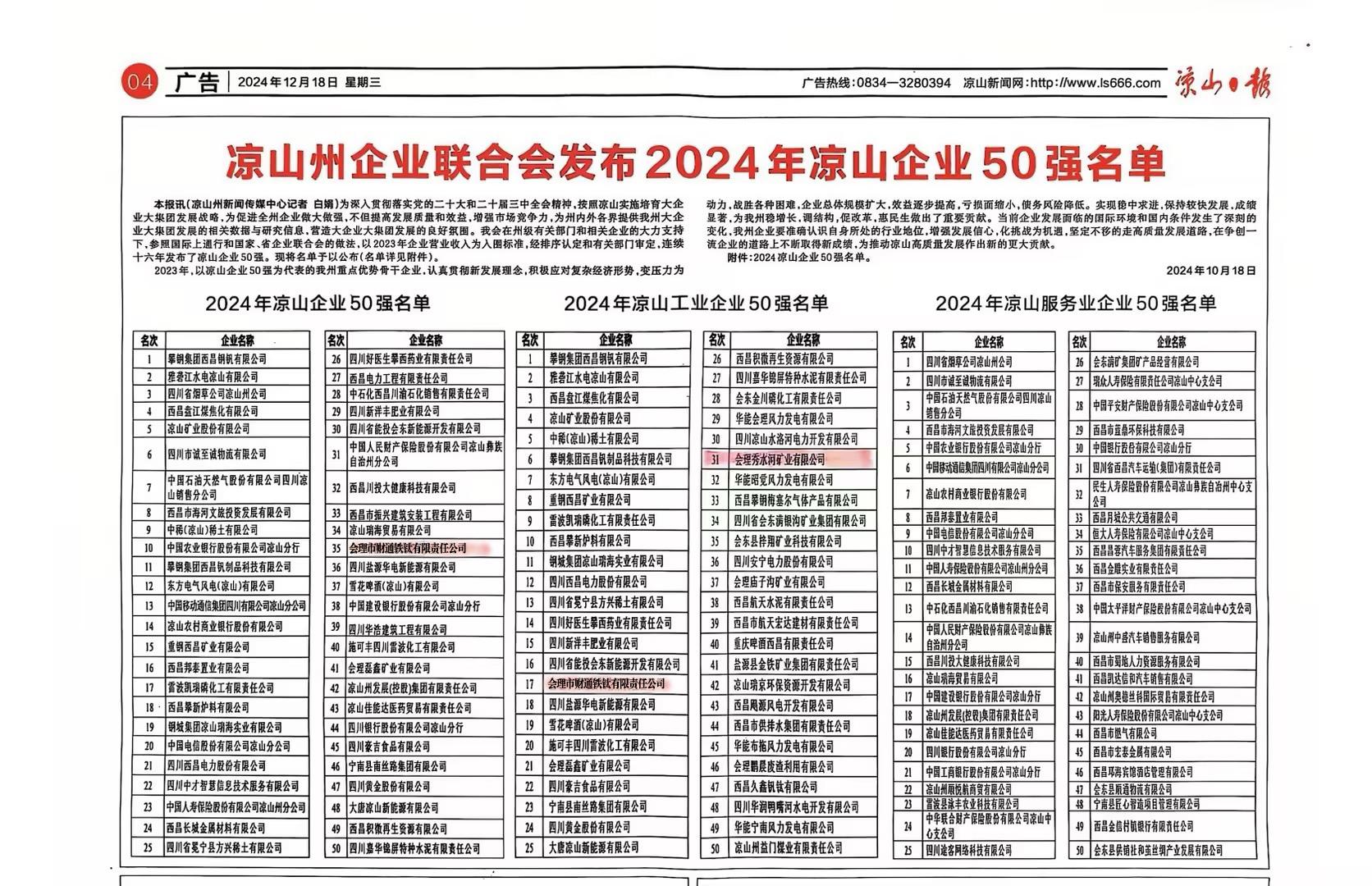 喜報！聯(lián)鑫礦業(yè)會理區(qū)域雙星閃耀，共登涼山工業(yè)企業(yè)50強榜單(圖2)